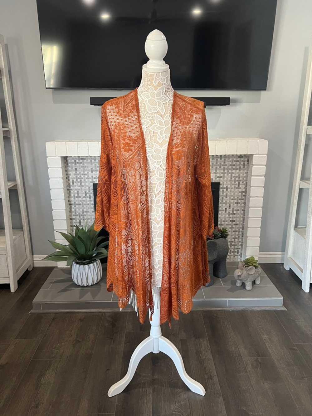 Xhilaration Bronze Lace Fringe Kimono Cardigan